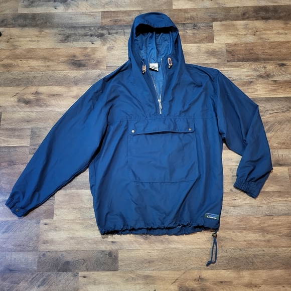 L.L. Bean Vintage Navy Anorak Half-Zip Pullover Hooded Windbreaker Jacket Large - Picture 1 of 3